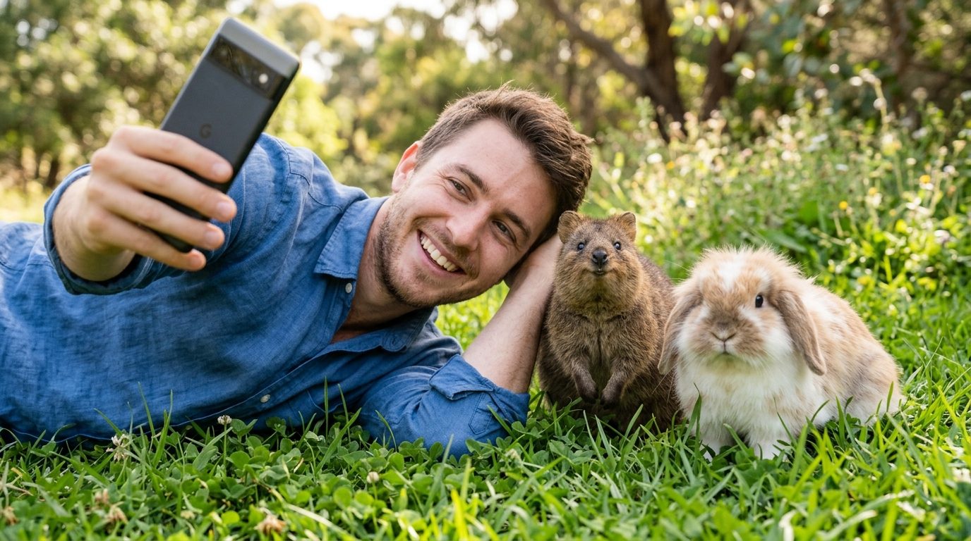 Photographe souriant prenant un selfie complice avec un animal curieux dans l'herbe