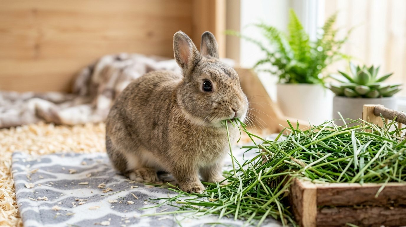 Un lapin nain vif et en bonne santé grignotant du foin frais