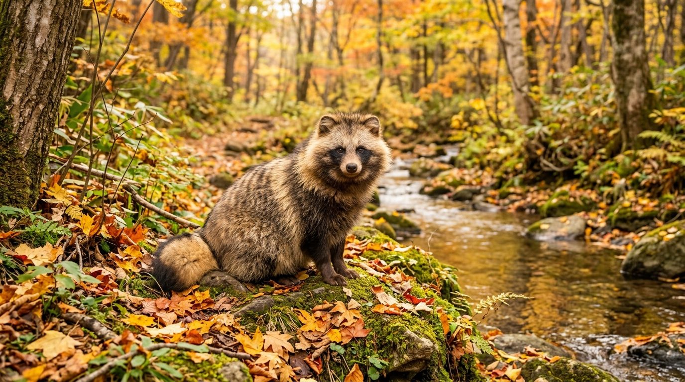 Chien viverrin tanuki au pelage épais au milieu des feuilles mortes en forêt