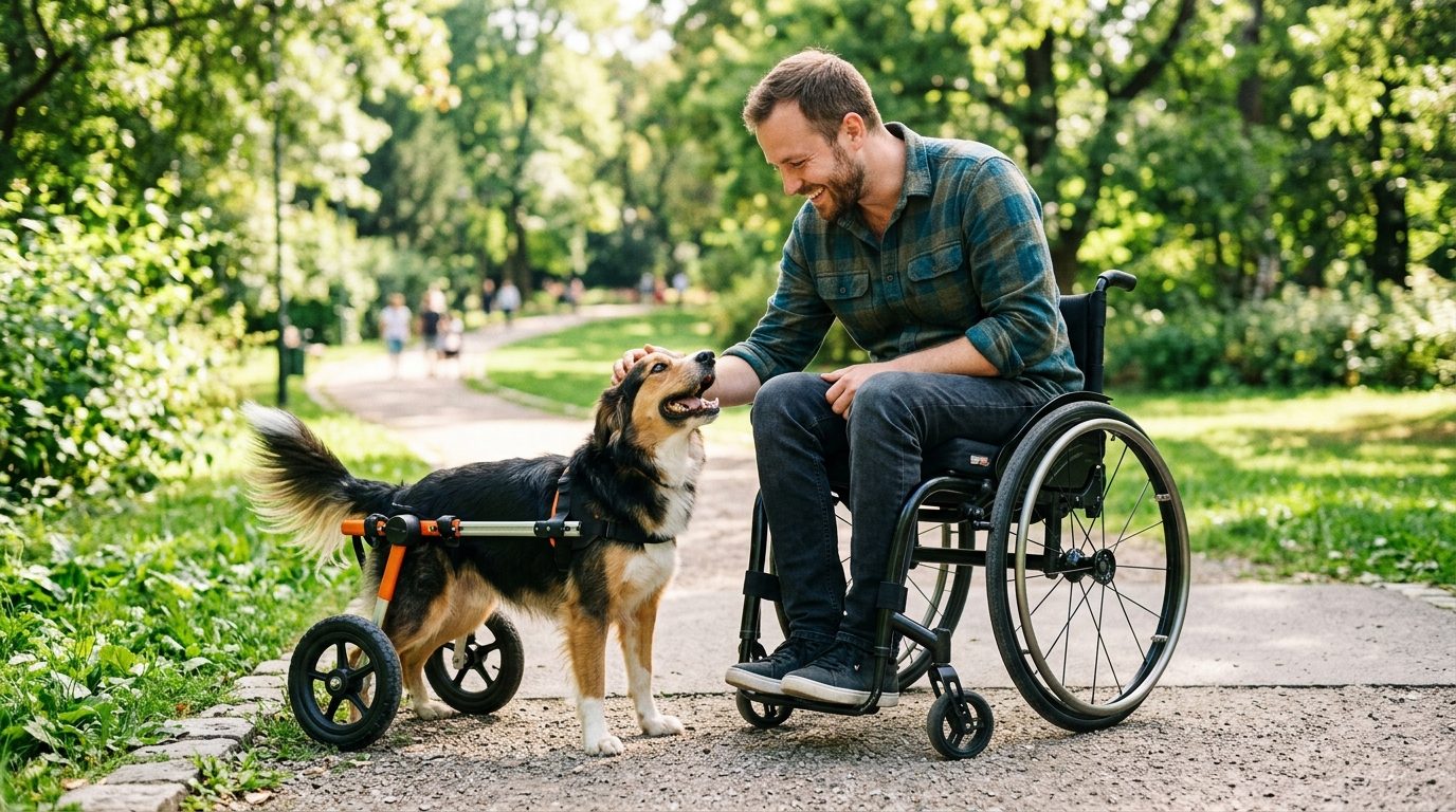 Un homme en fauteuil roulant se promène dans un parc ensoleillé avec son chien équipé d'un chariot pour pattes arrière.