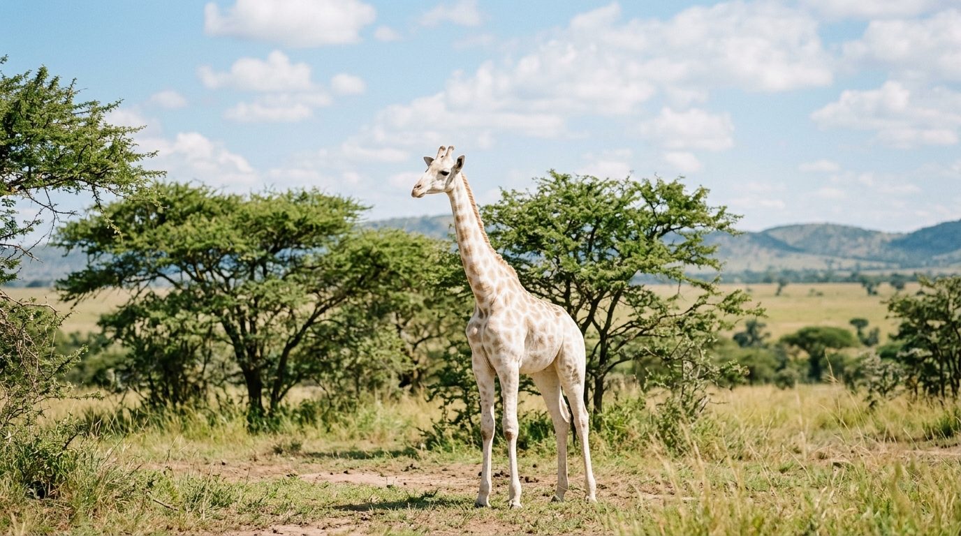 Omo, le girafon blanc atteint de leucistisme dans la savane en Tanzanie