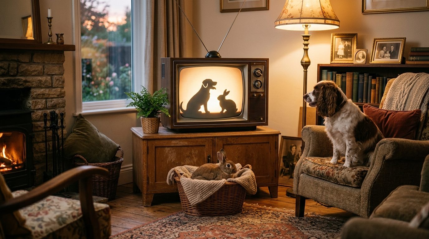 Téléviseur dans un salon chaleureux évoquant les émissions sur les animaux