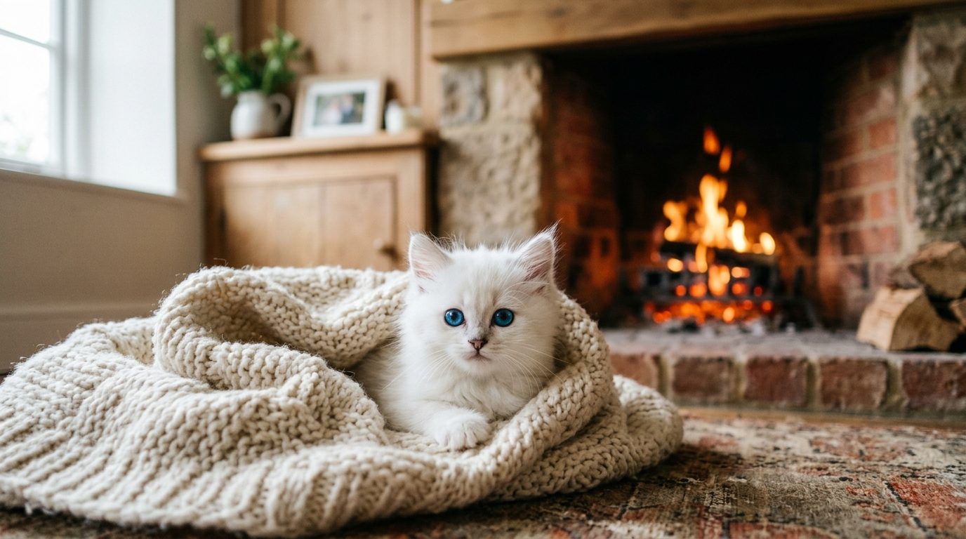 Chaton blanc réchauffé dans une couverture après avoir échappé au grand froid.
