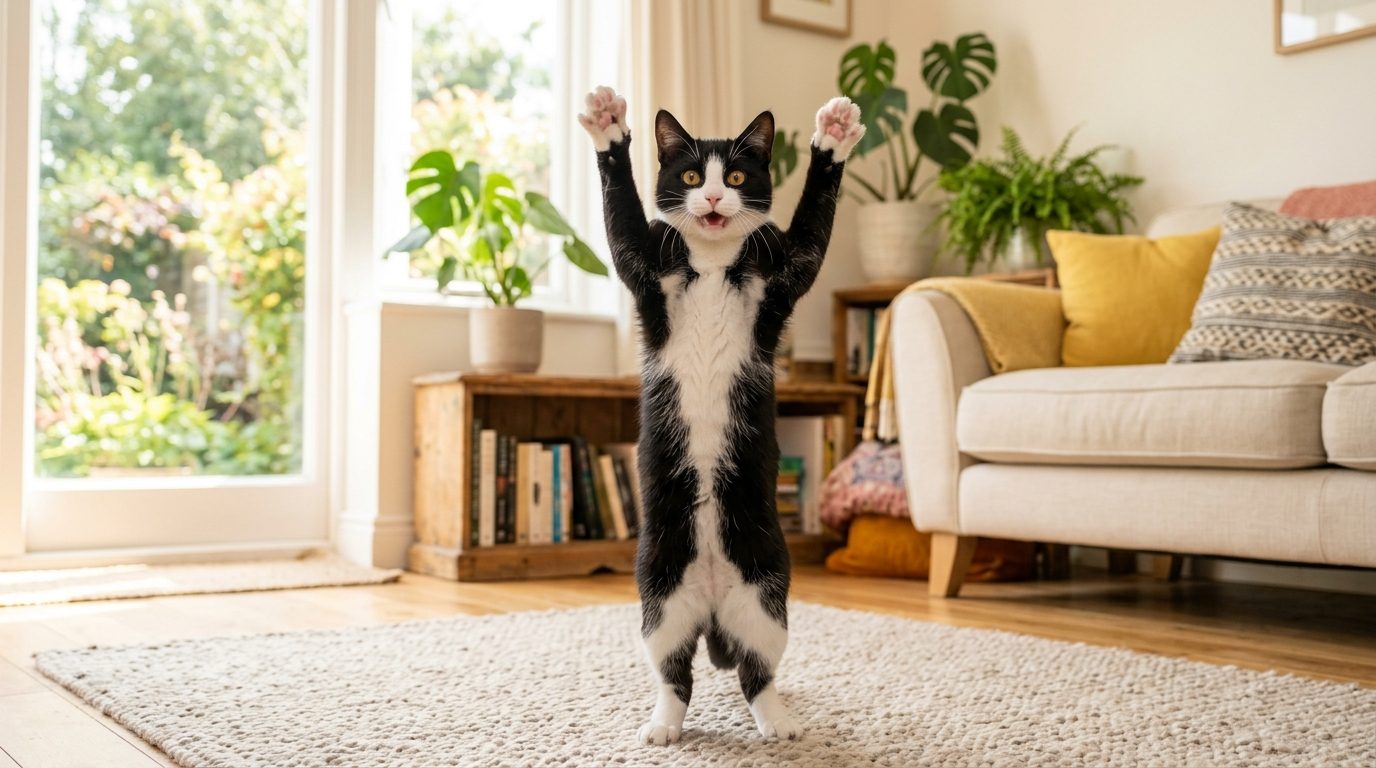Chat dressant ses pattes avant en l'air de façon amusante
