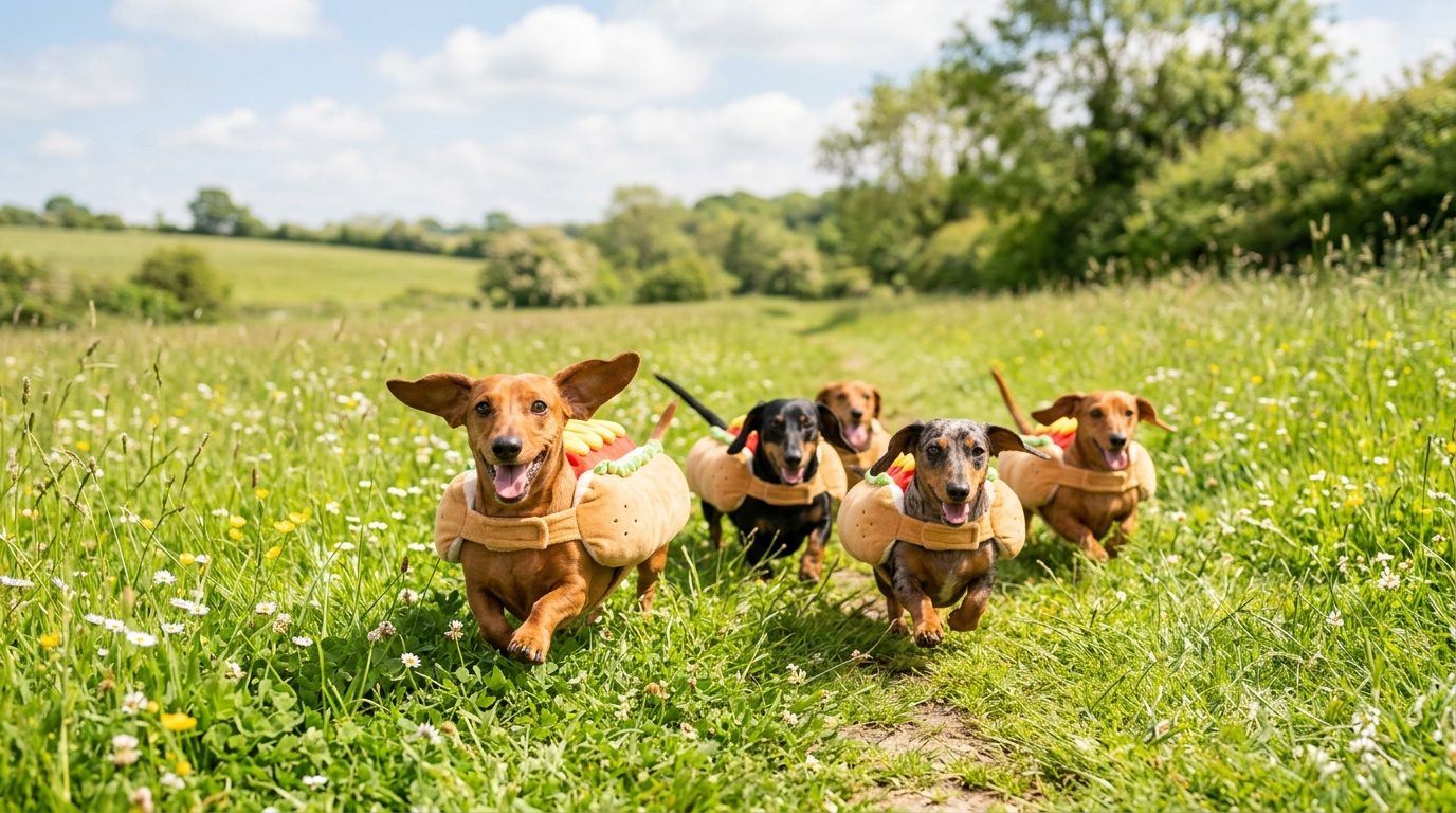 Meute de teckels portant un costume de hot dog et courant dans l'herbe