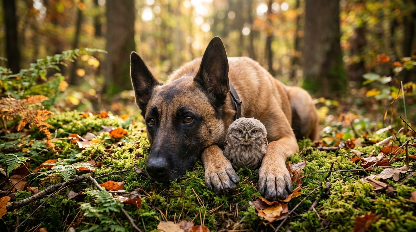 Un chien berger malinois et une petite chouette chevêche posant ensemble avec tendresse dans les bois