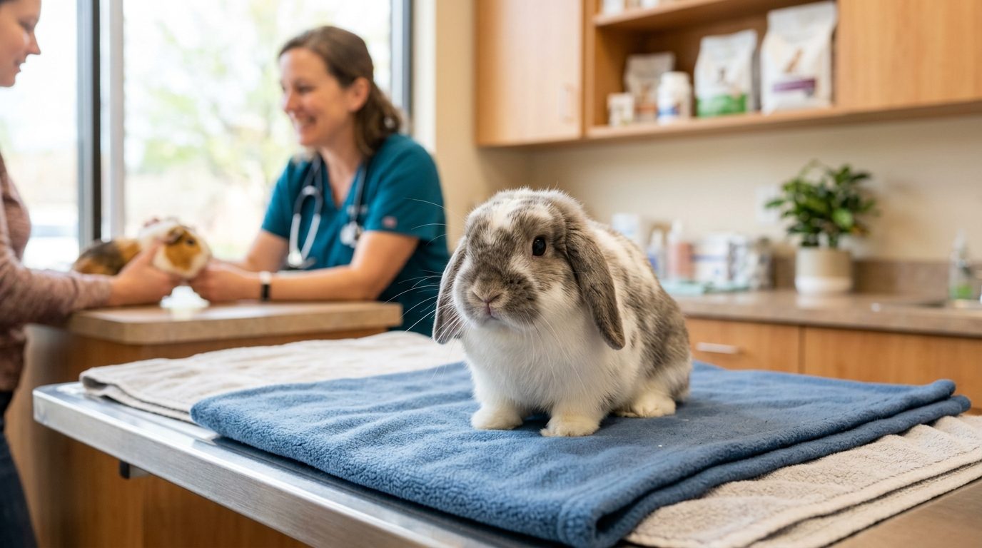 Lapin de compagnie lors d'une consultation médicale chez le vétérinaire