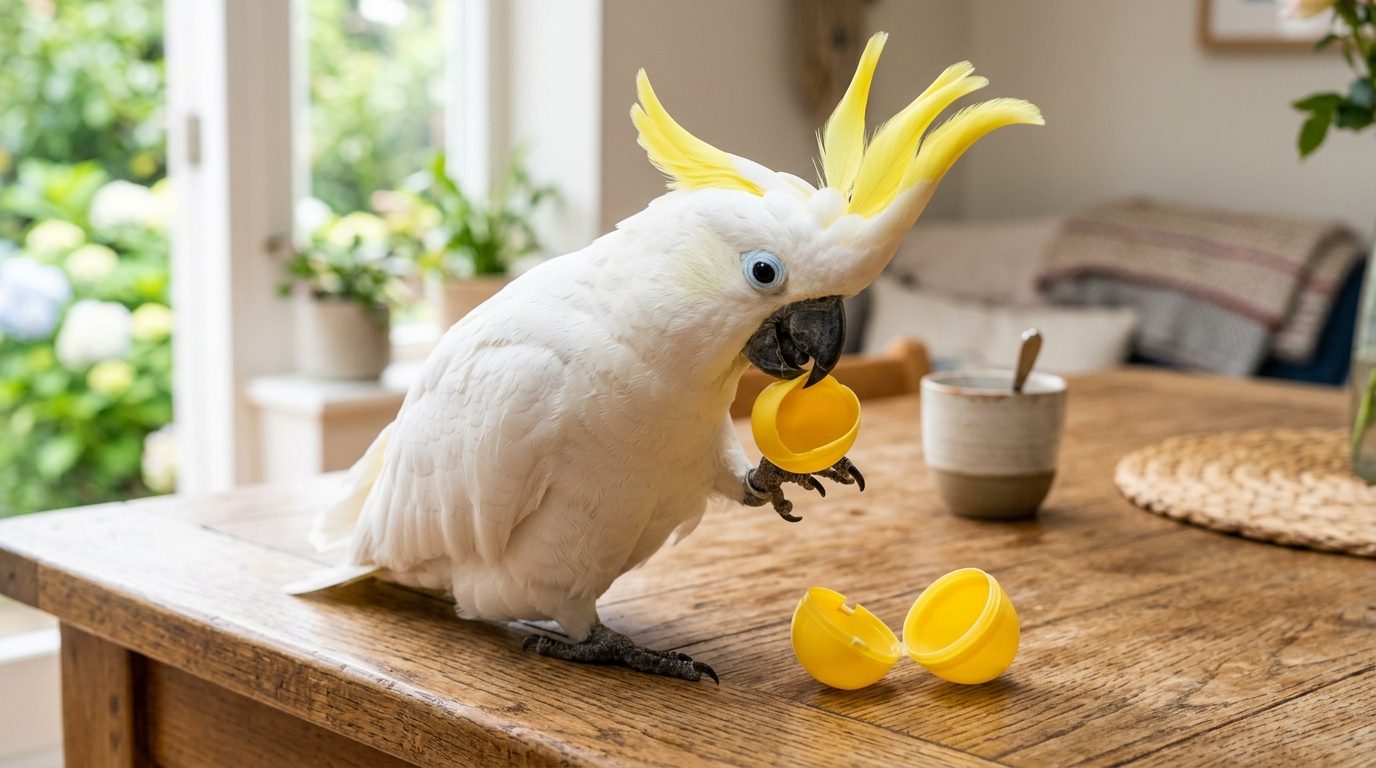 Un cacatoès blanc à crête jaune jouant avec une petite capsule jaune en plastique