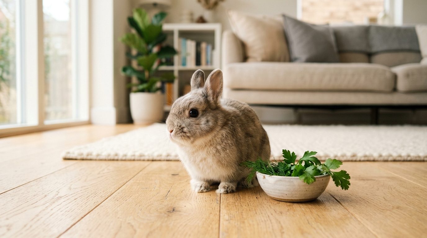 Mignon lapin nain posé sur le sol d'un salon chaleureux