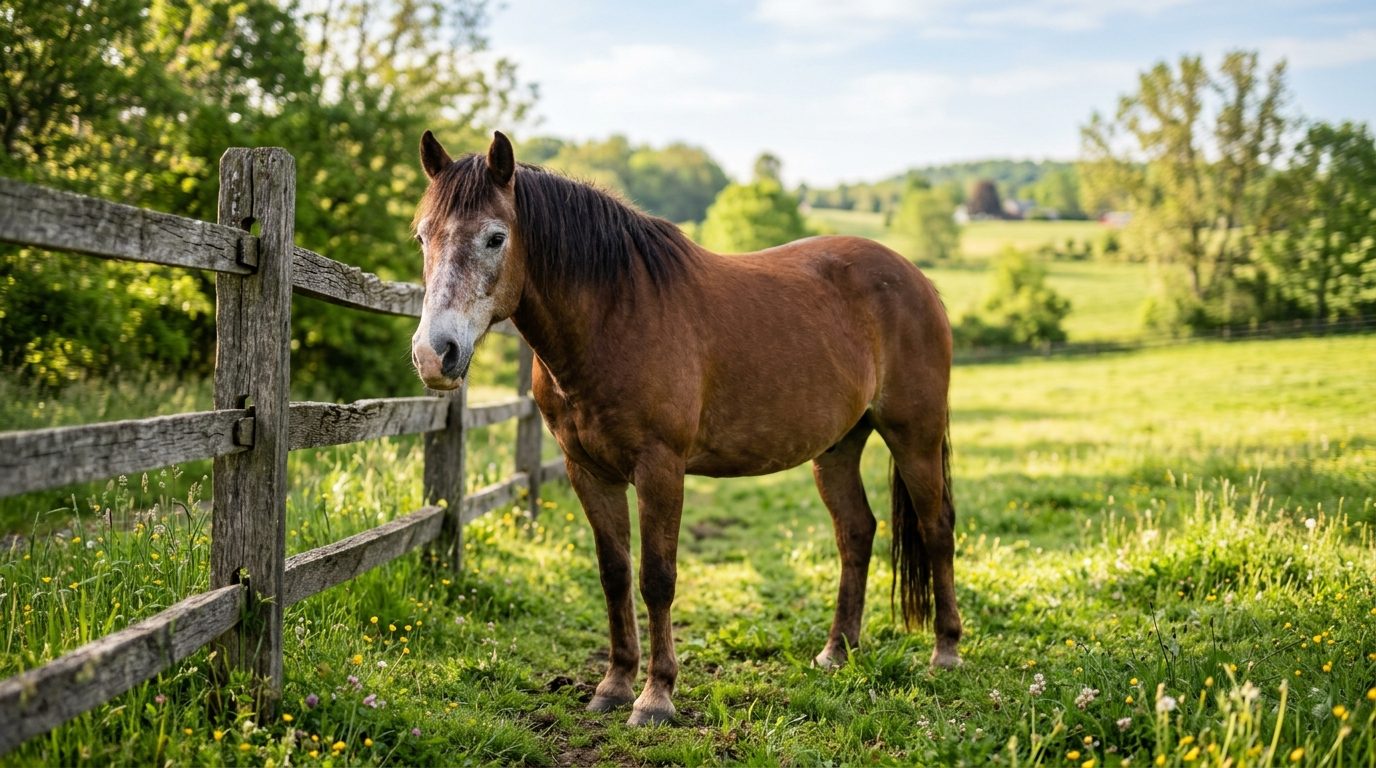 Cheval âgé paisible dans un pré verdoyant au soleil couchant