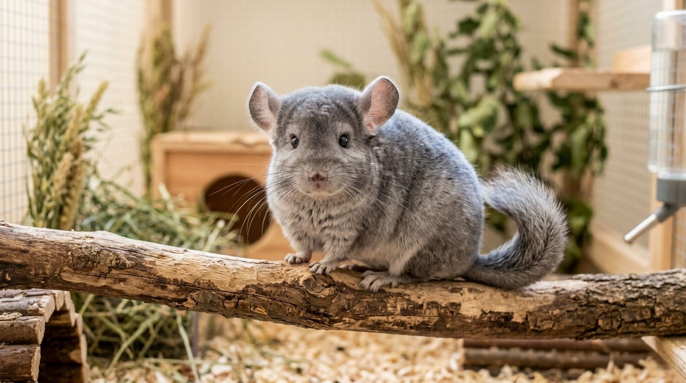 Un chinchilla gris perché sur une branche en bois