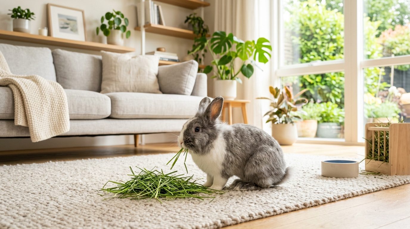 Un lapin domestique bien soigné profitant de son foin dans un salon chaleureux