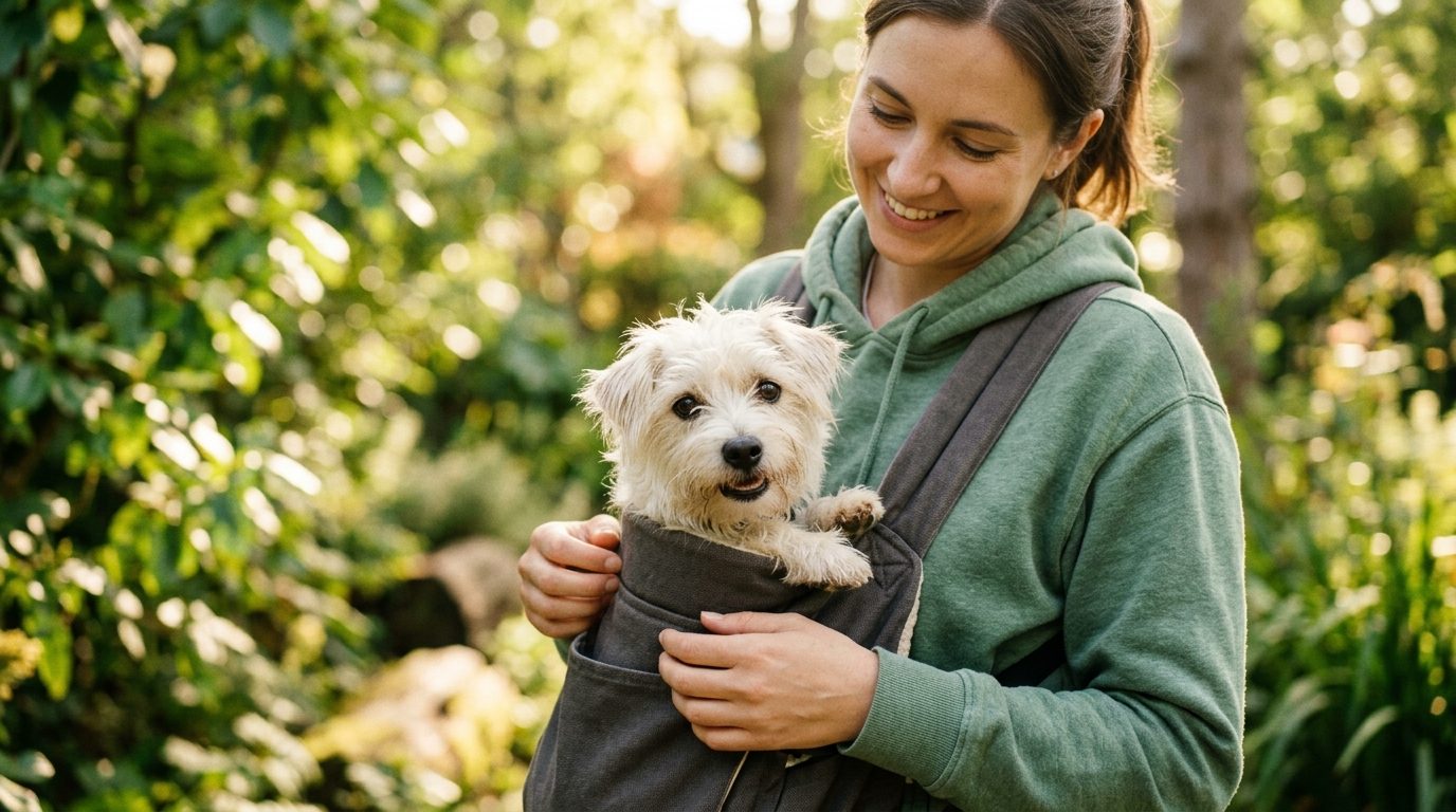 Petit chien blanc bien installé dans un sac ventral porté par son maître dans un parc