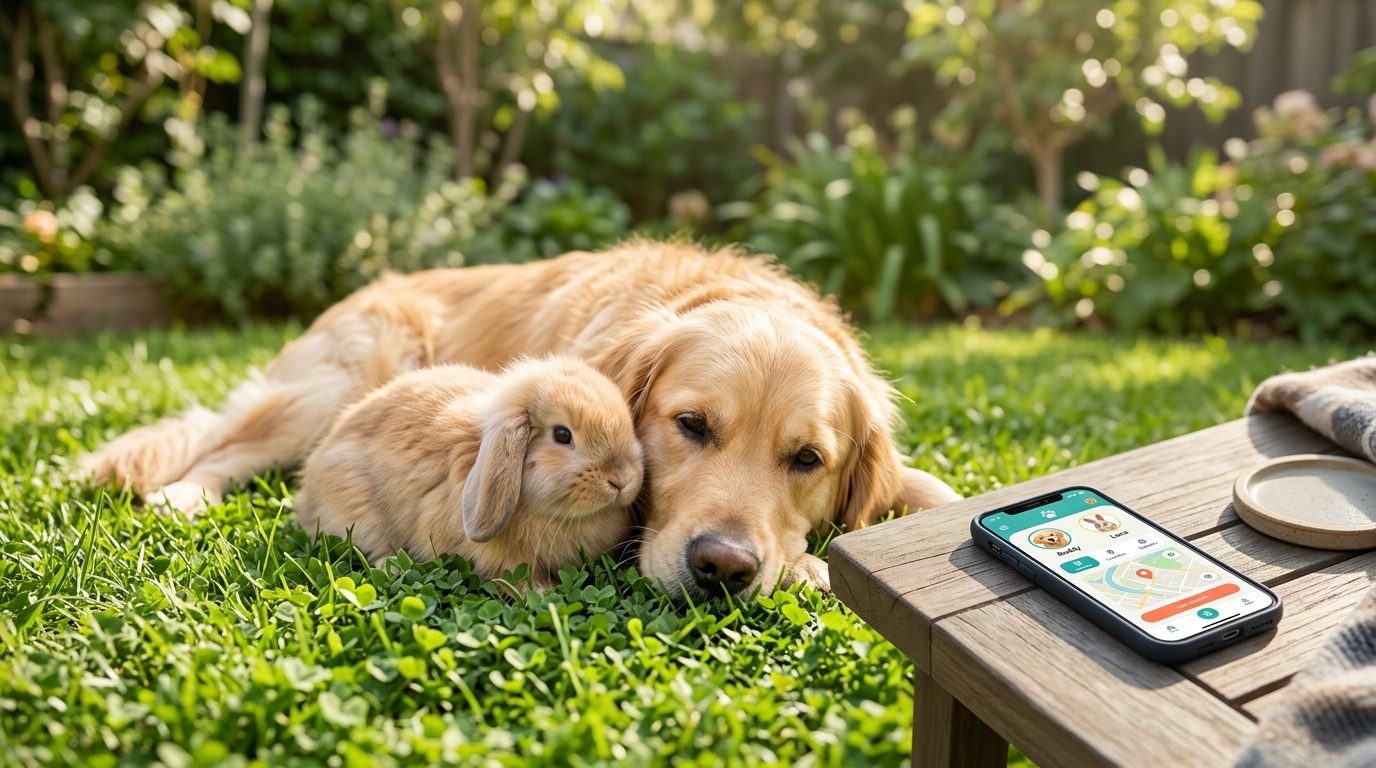 Application mobile pour retrouver un animal perdu avec un chien et un lapin dans un jardin