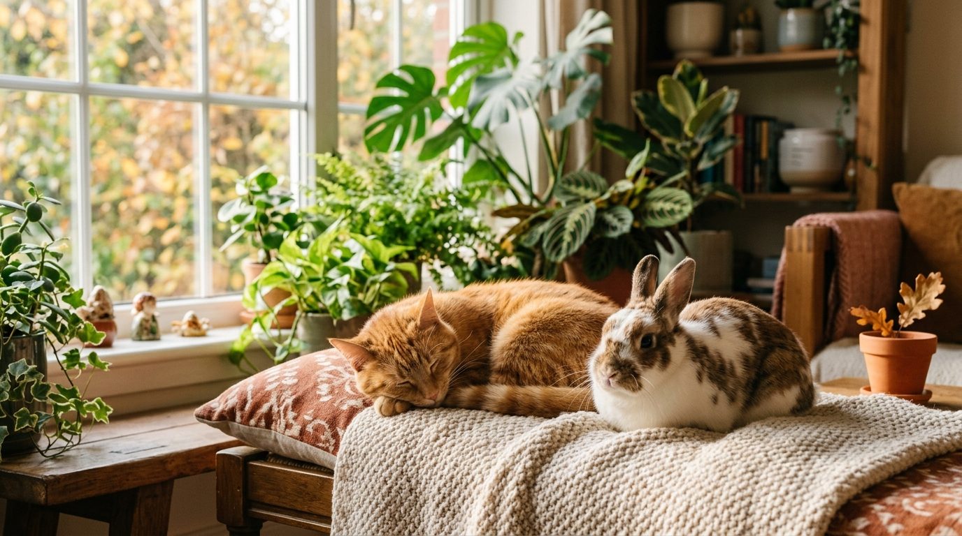 Un lapin de compagnie et un chat se reposant ensemble dans un salon chaleureux baigné de lumière