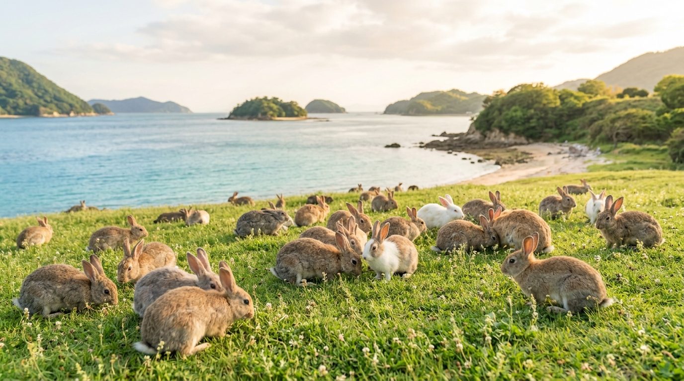 Groupe de lapins en liberté sur l'herbe au bord de l'eau sur l'île d'Okunoshima au Japon
