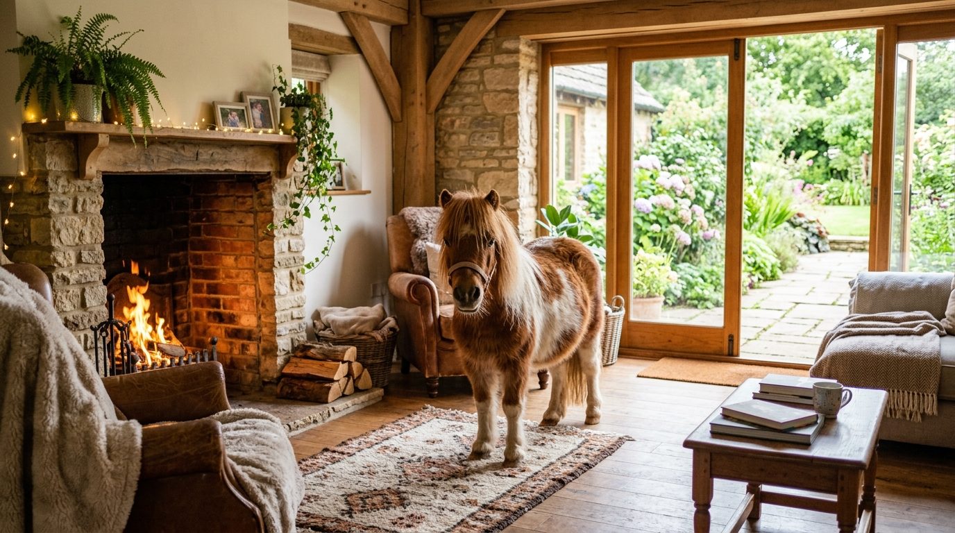 Poney miniature au chaud dans un salon douillet