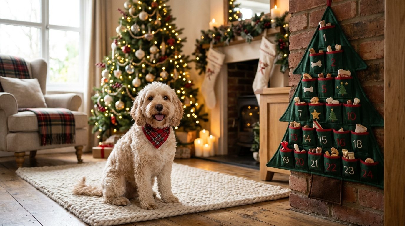 Chien assis devant un calendrier de l'Avent festif dans un salon décoré pour Noël