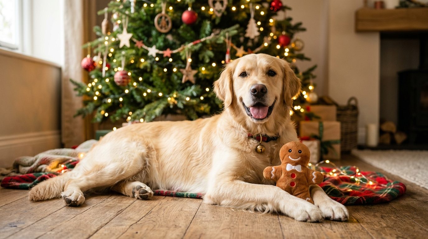 Chien couché près du sapin tenant son jouet en peluche bonhomme de pain d'épices
