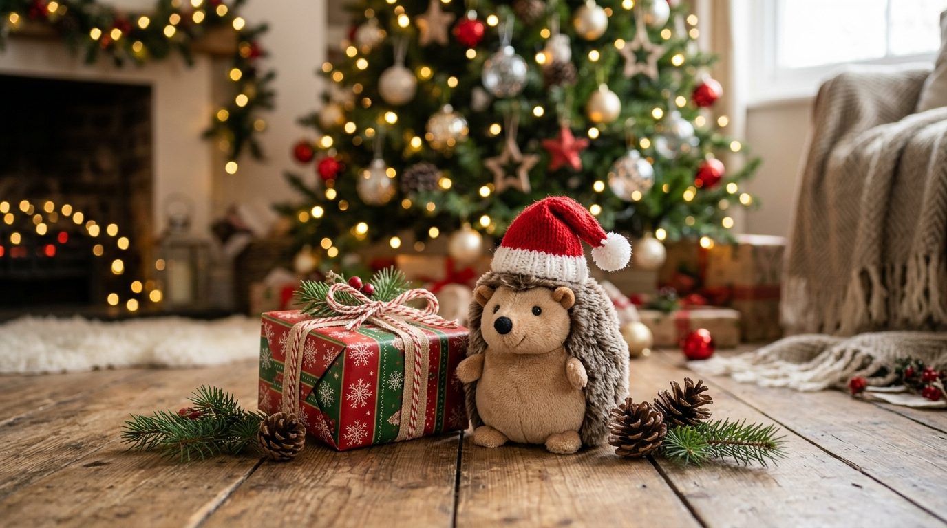 Peluche hérisson avec chapeau de Noël pour chien : douceur festive sous le sapin