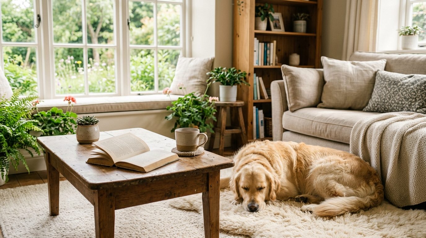 Livre d'éducation canine posé sur une table basse près d'un chien apaisé