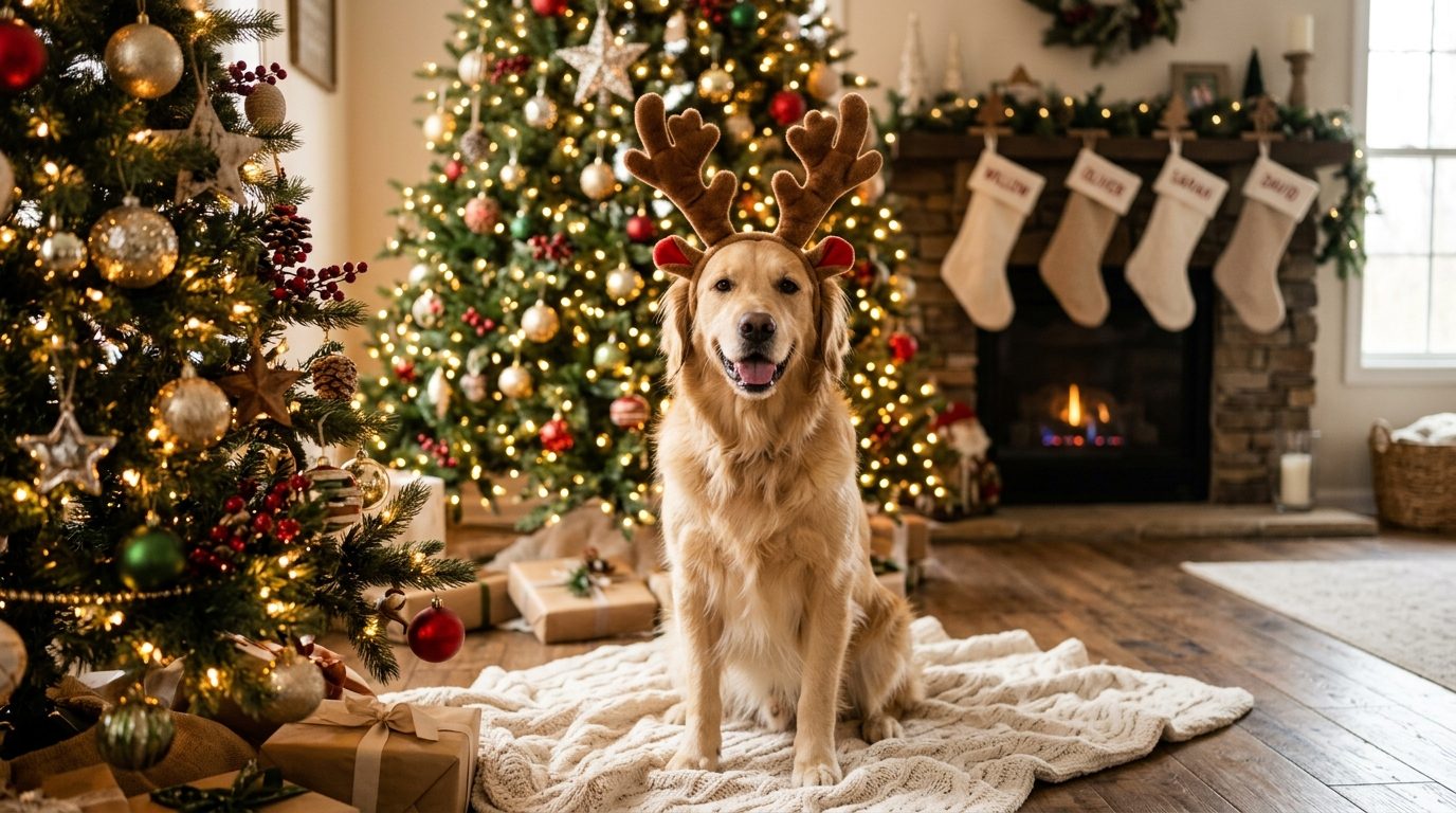Chien portant un serre-tête renne de Noël devant un sapin illuminé