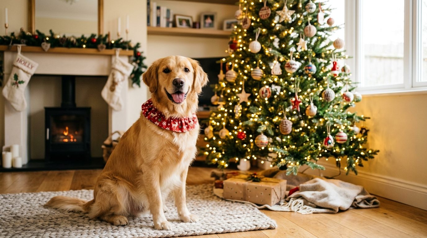 Chien portant un collier de Noël chaleureux à motifs d'hiver près du sapin