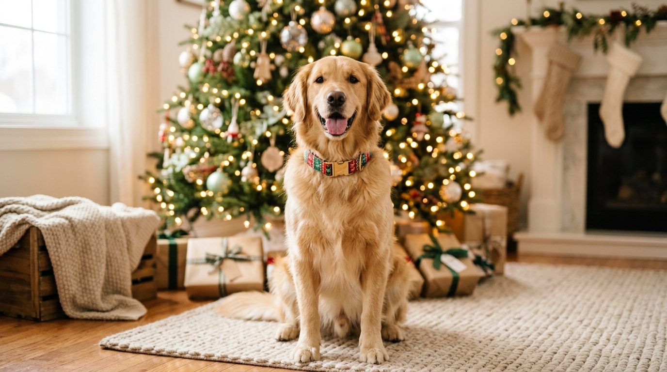 Chien portant un collier Blueberry Pet aux motifs de Noël devant un sapin illuminé