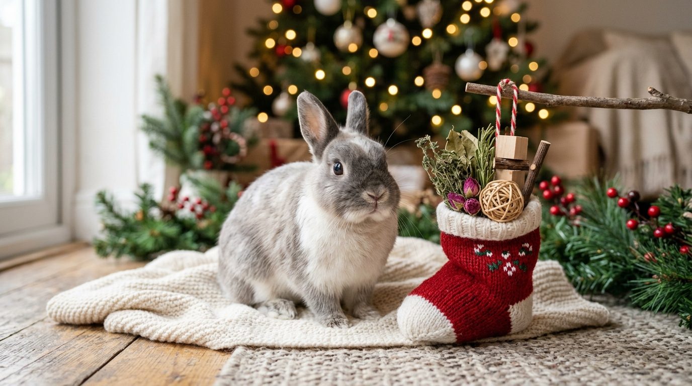 Chaussette de Noël pour lapin remplie de foin et de jouets naturels