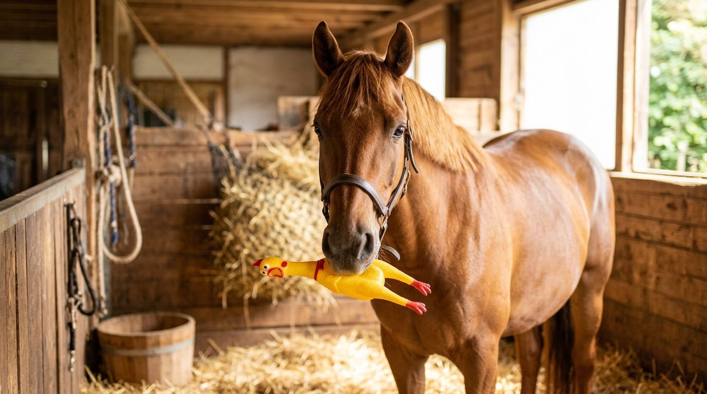 Quand un cheval s’amuse avec un poulet en caoutchouc : les bienfaits du jeu animal