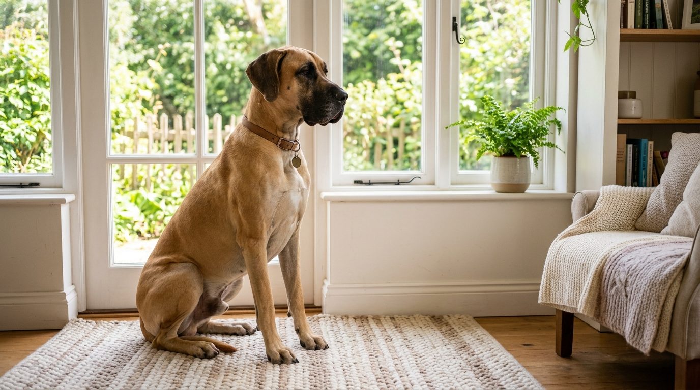 Un majestueux Dogue Allemand assis calmement dans un salon lumineux
