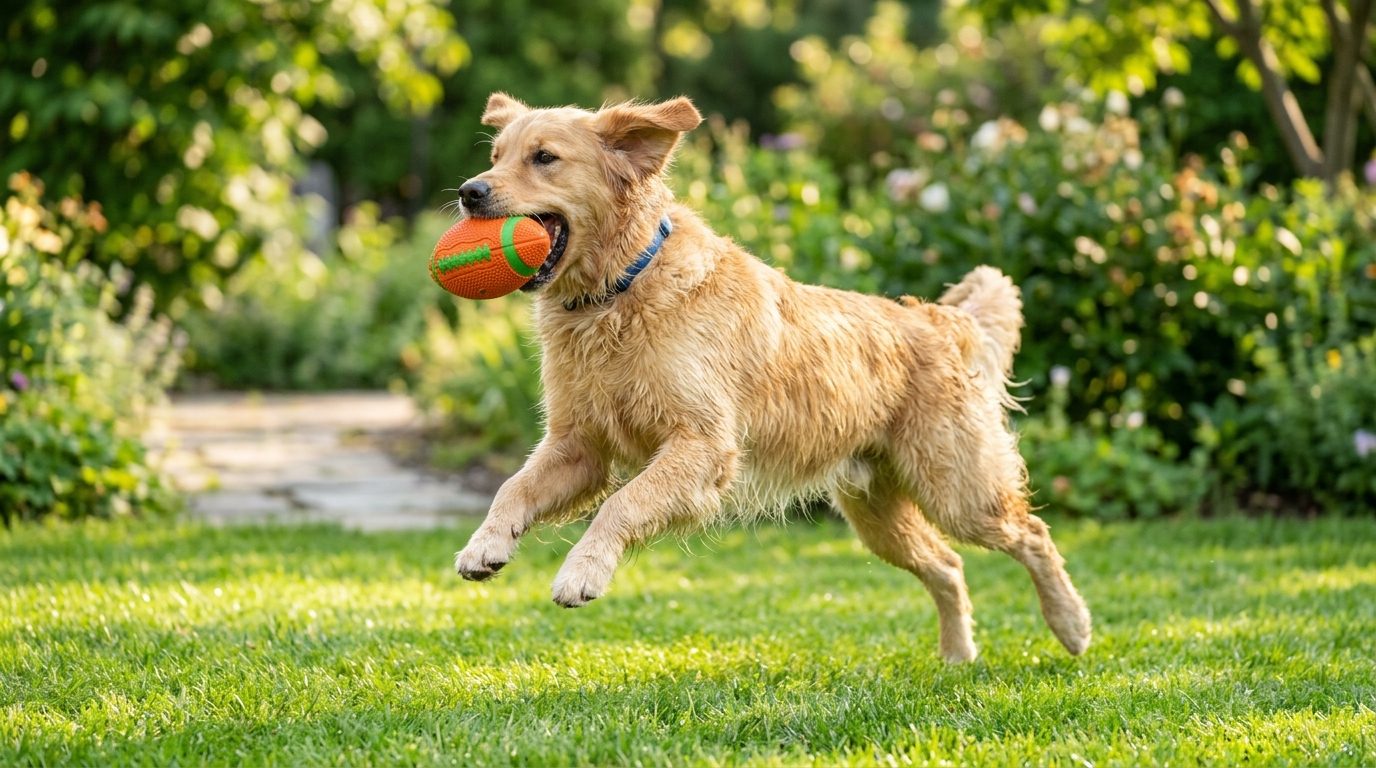 Chien attrapant un ballon de foot US coloré dans l'herbe lors d'une séance de jeu