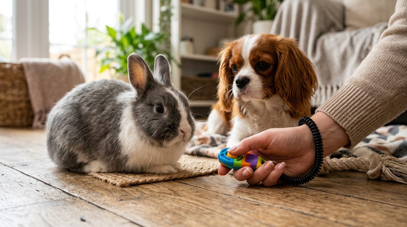 Séance d'éducation positive au clicker avec un animal de compagnie