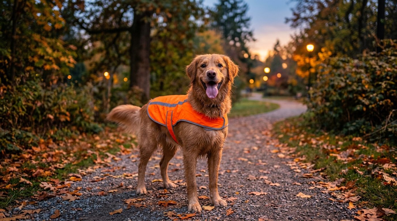 Chien portant un gilet de sécurité réfléchissant orange lors d'une promenade au crépuscule
