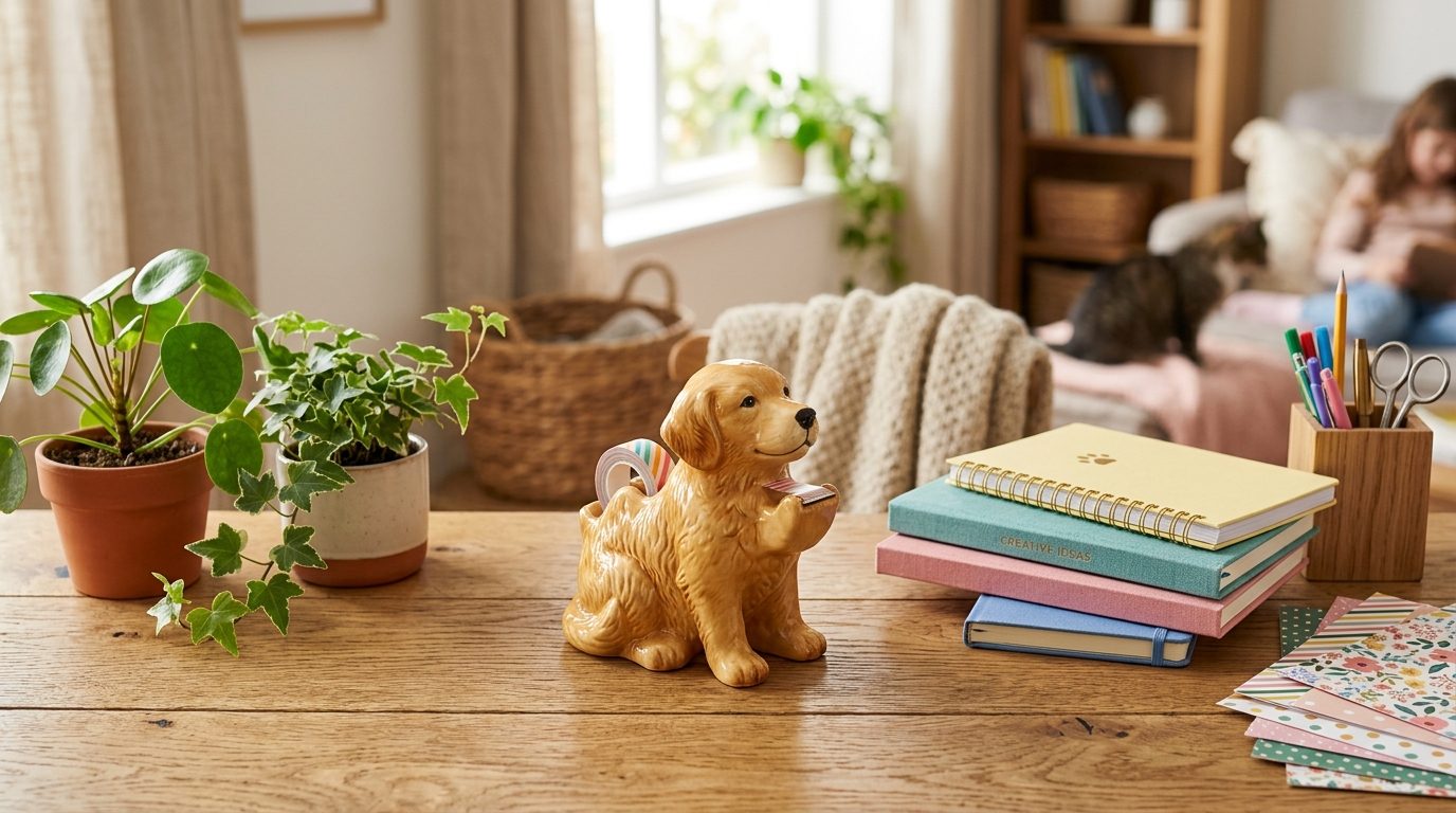 Dévidoir de scotch en forme de petit chien posé sur un bureau chaleureux avec de la papeterie