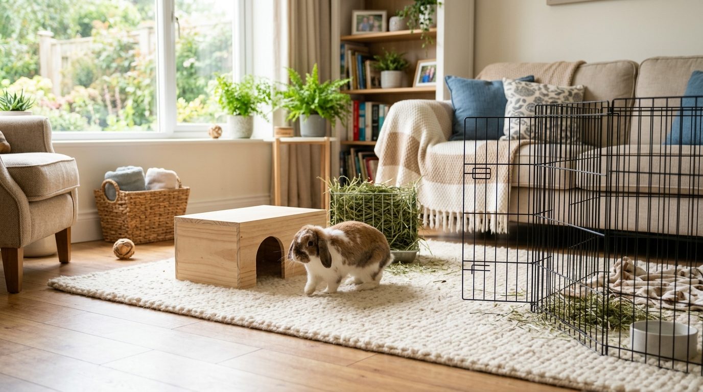 Lapin bélier explorant un salon sécurisé aménagé pour la vie en semi-liberté