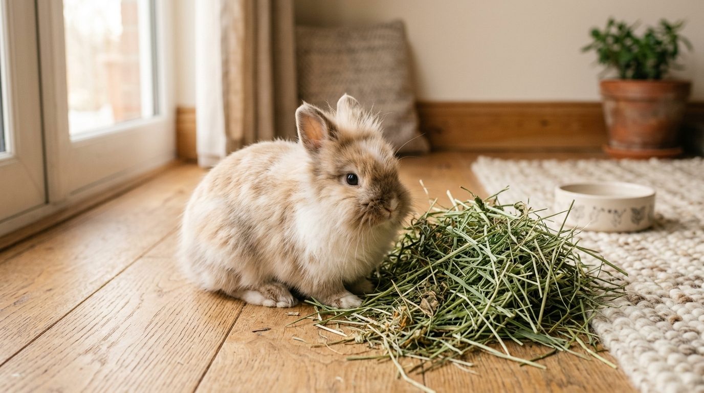 Lapin de compagnie confortablement installé en intérieur mangeant du foin en hiver