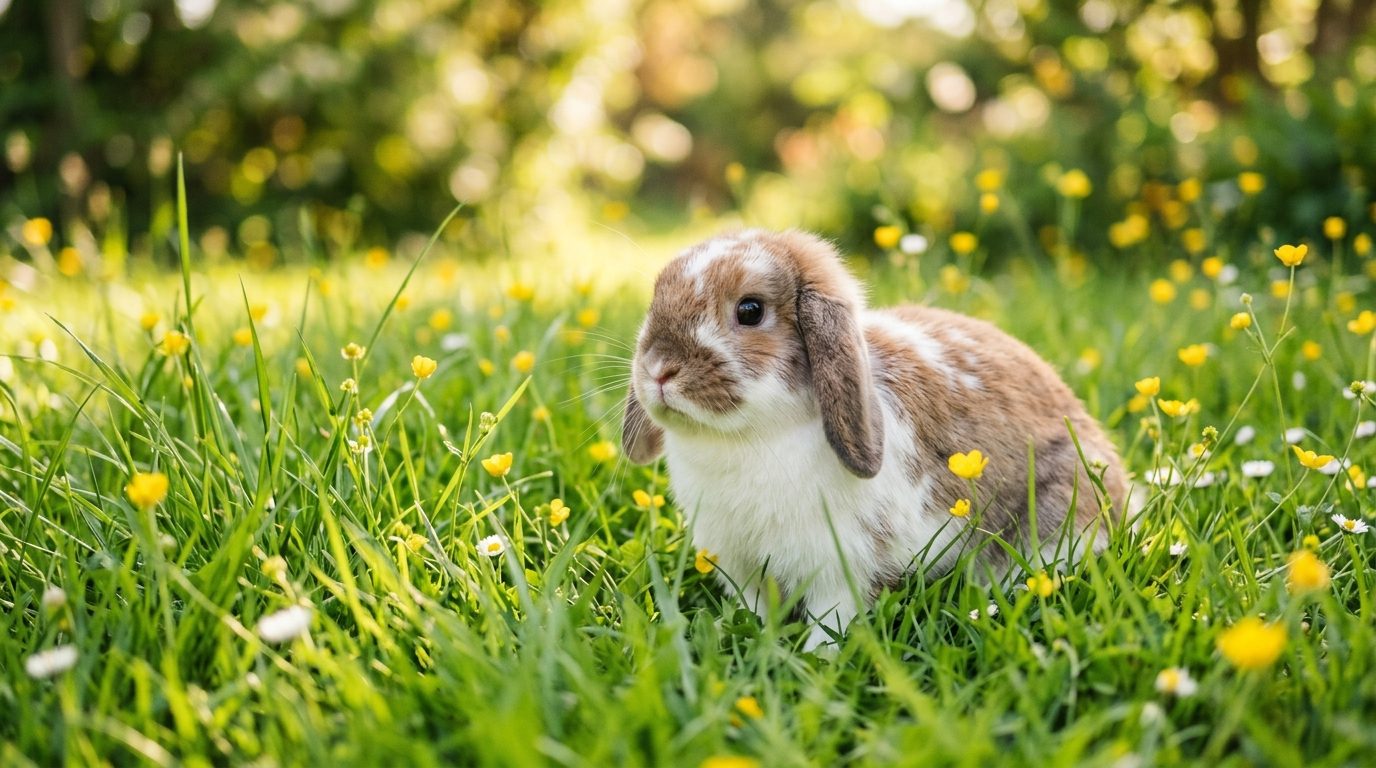 Lapin curieux découvrant l'herbe fraîche du jardin au printemps