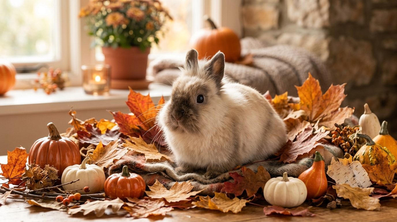 Lapin domestique au milieu de feuilles d'automne et de foin frais