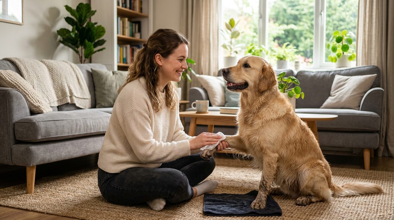Propriétaire nettoyant doucement les pattes de son chien avec une lingette