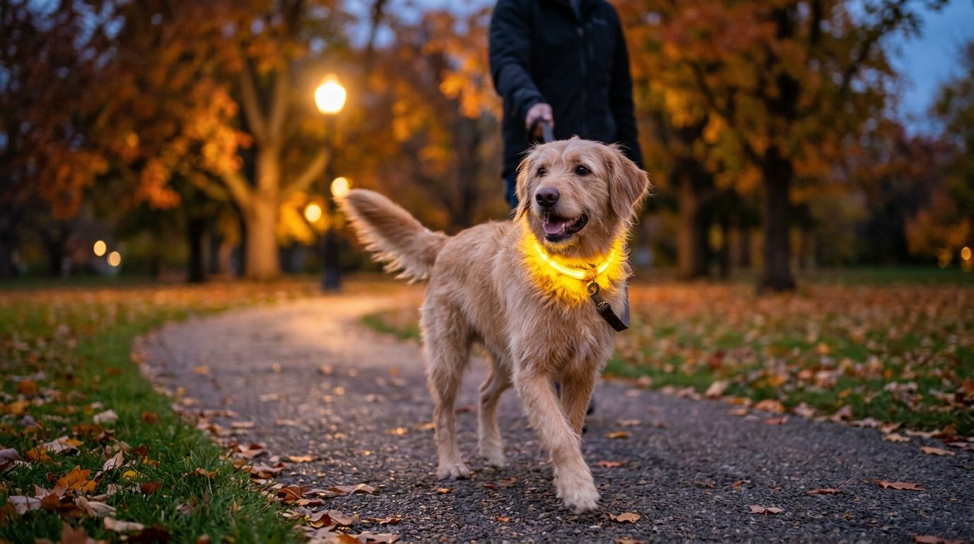 Chien portant un collier LED lumineux jaune lors d'une promenade au crépuscule