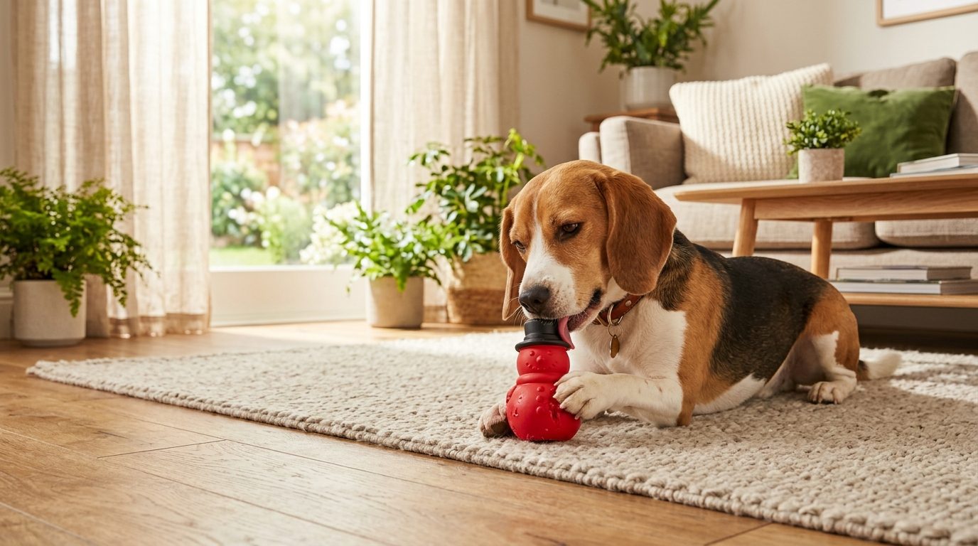 Chien de taille moyenne profitant de son jouet distributeur de friandises rouge en caoutchouc sur un tapis
