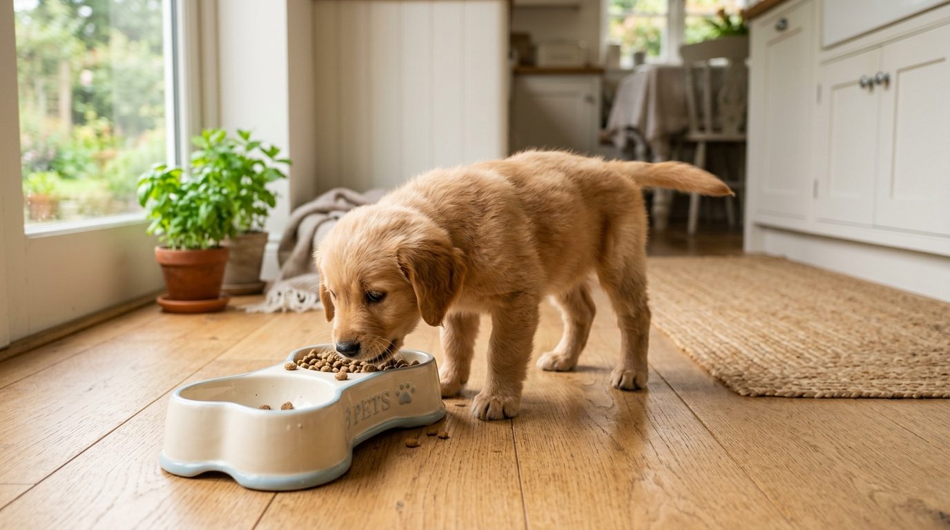 Petit chiot mangeant dans une gamelle double en forme d'os