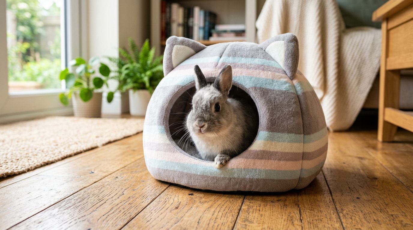 Niche tête de chat à rayures : le refuge douillet pour lapins et petits compagnons